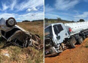 Motorista morre e esposa fica ferida em acidente entre carro e caminhão na GO-139
